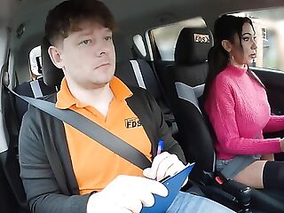 Fit Big-boobed Dark Haired Cougar Tempts Her Timid Driving Instructor To Fuck & Facialize Her Right In The Car